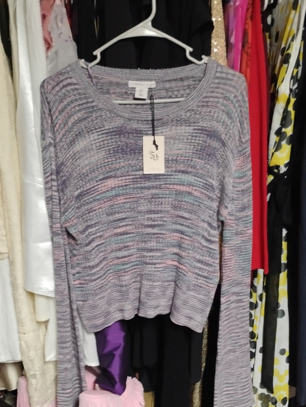 Sincerly Jules Gray Striped Crewneck Sweater with Pink & Blue Accents